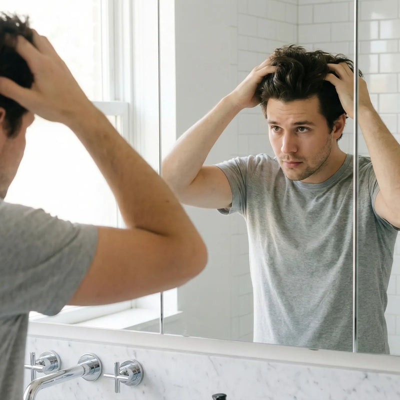 Man styling his hair at home in bathroom mirror, hands running through hair