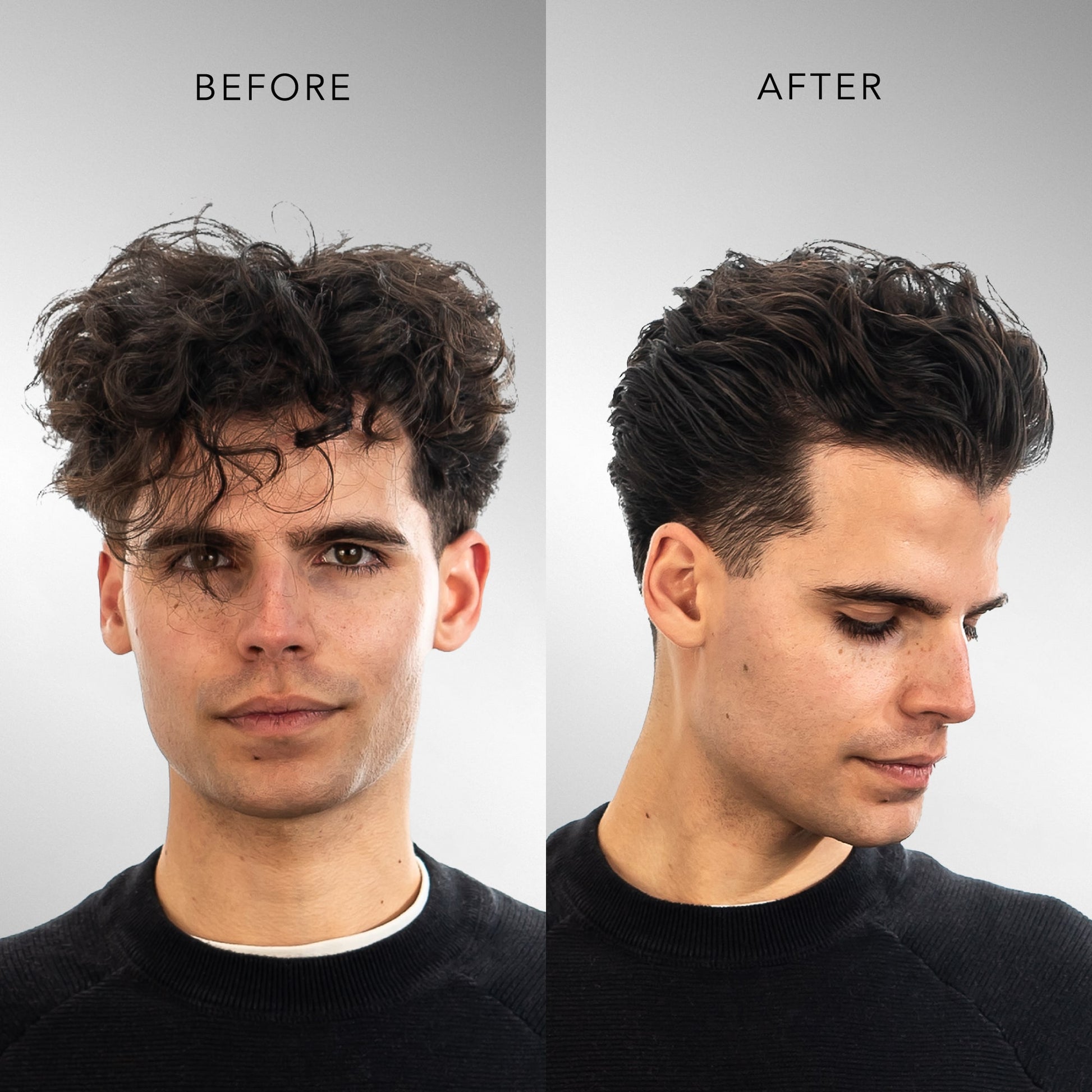 Before and after results using BLUMAAN Heavy Hold Clay showing controlled, voluminous hairstyle