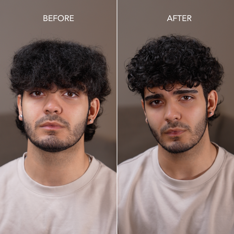 Before and after results showing frizz reduction and improved definition on thick, wavy hair using BLUMAAN Hydrating Hair Oil.