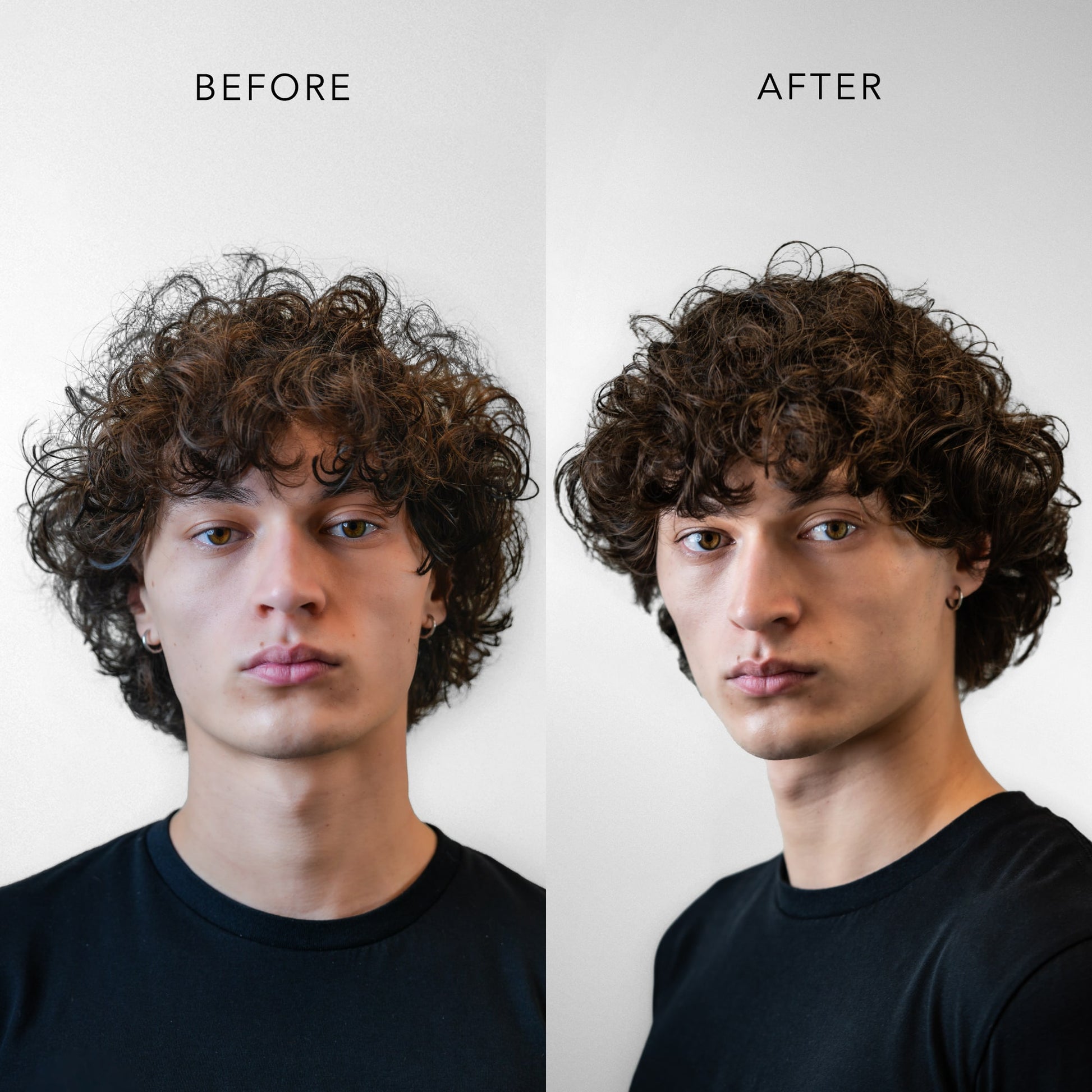BLUMAAN Hydrating Hair Oil before and after shots on curly hair, demonstrating smoother, more controlled texture.