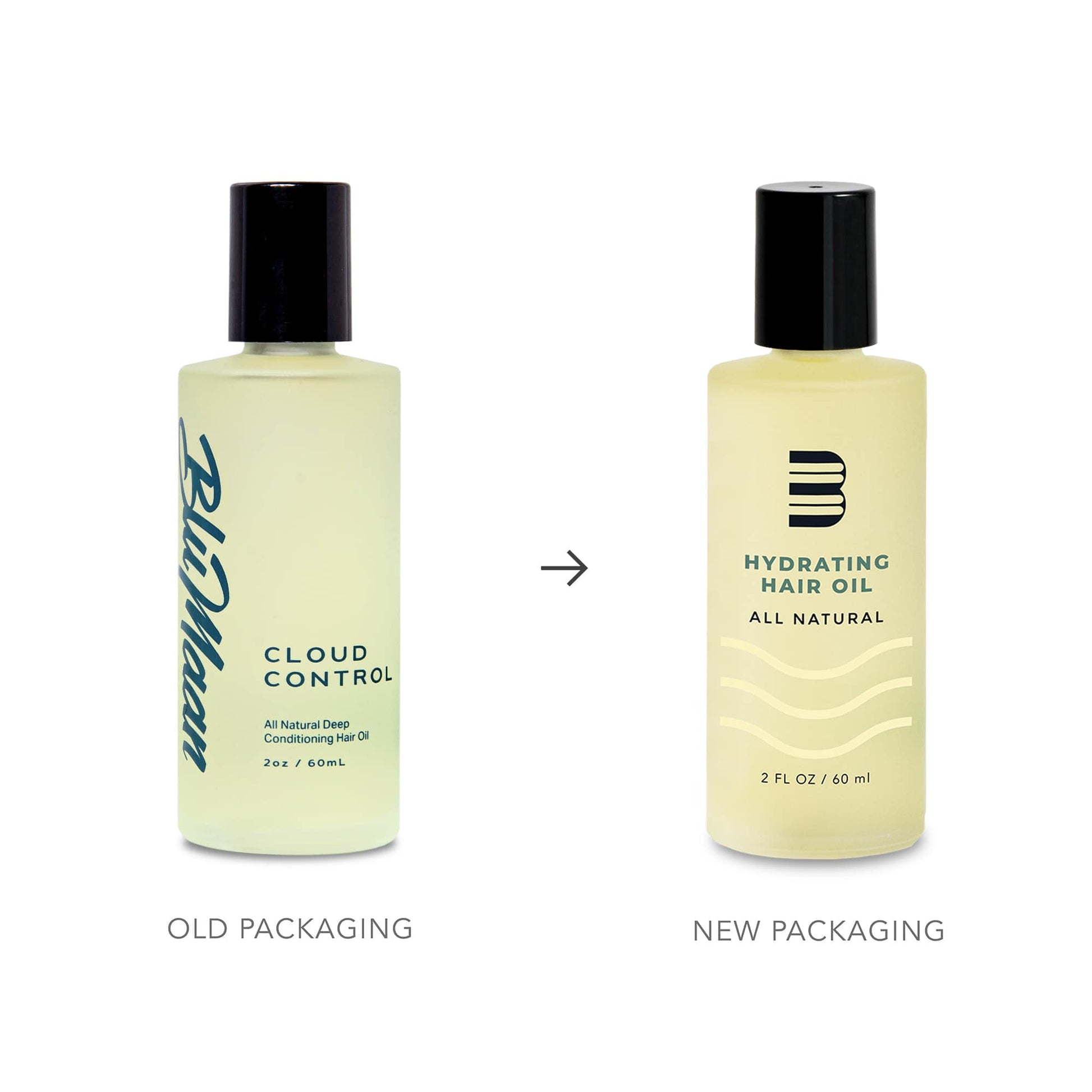 Side-by-side comparison of BLUMAAN Hydrating Hair Oil’s old “Cloud Control” packaging versus new design.