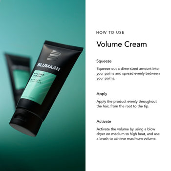 How to use BLUMAAN Volume Cream instructions with visual of tube on teal background, detailing application and activation steps
