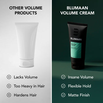 Comparison between BLUMAAN Volume Cream and generic volume products, highlighting benefits like insane volume and matte finish